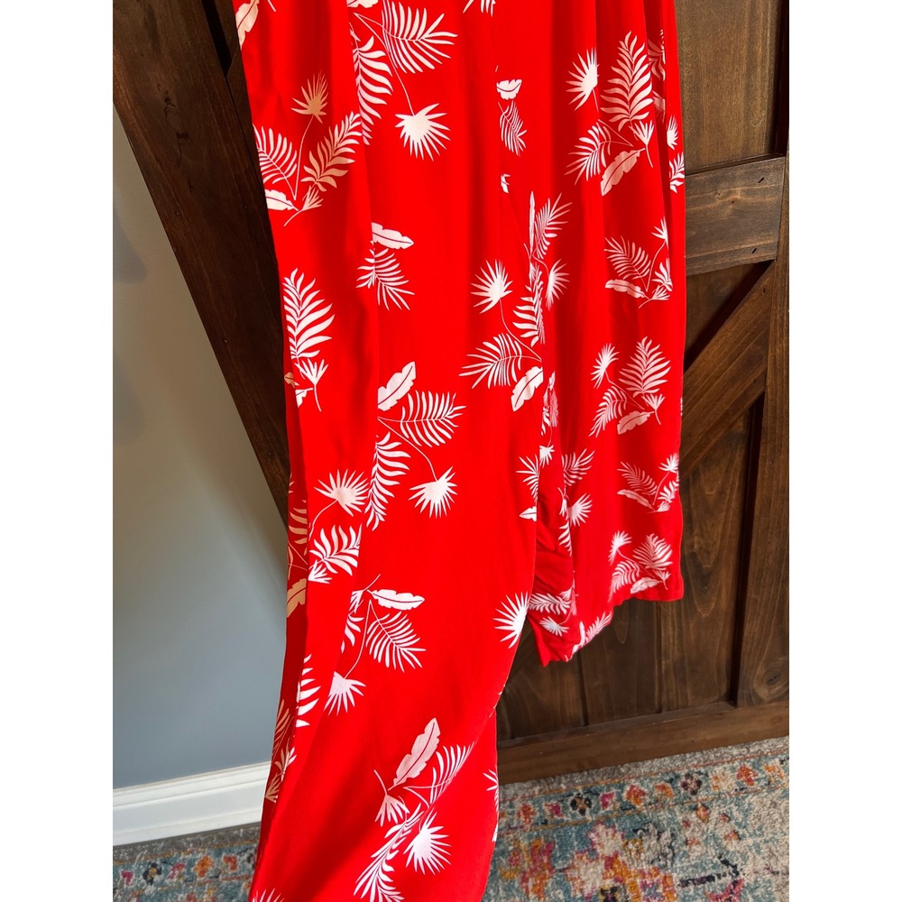 St Johns Bay Womens XL Red Tropical Palm Leaf Ruffle Tie Front Jumpsuit Rayon - Picture 11 of 16